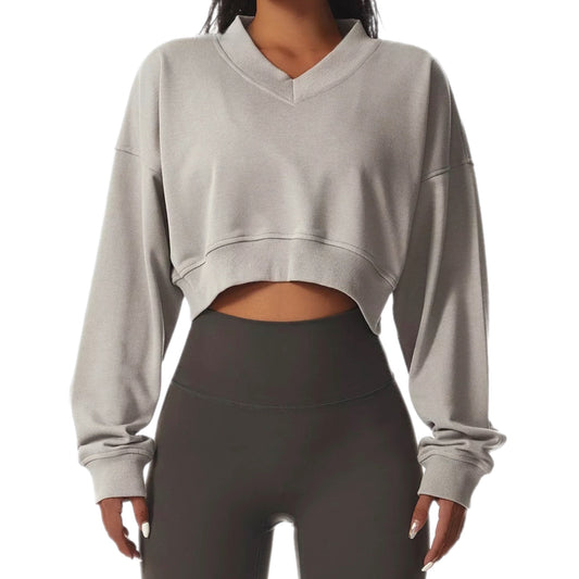 Loose Plain Women V-Neck Cropped Pullover