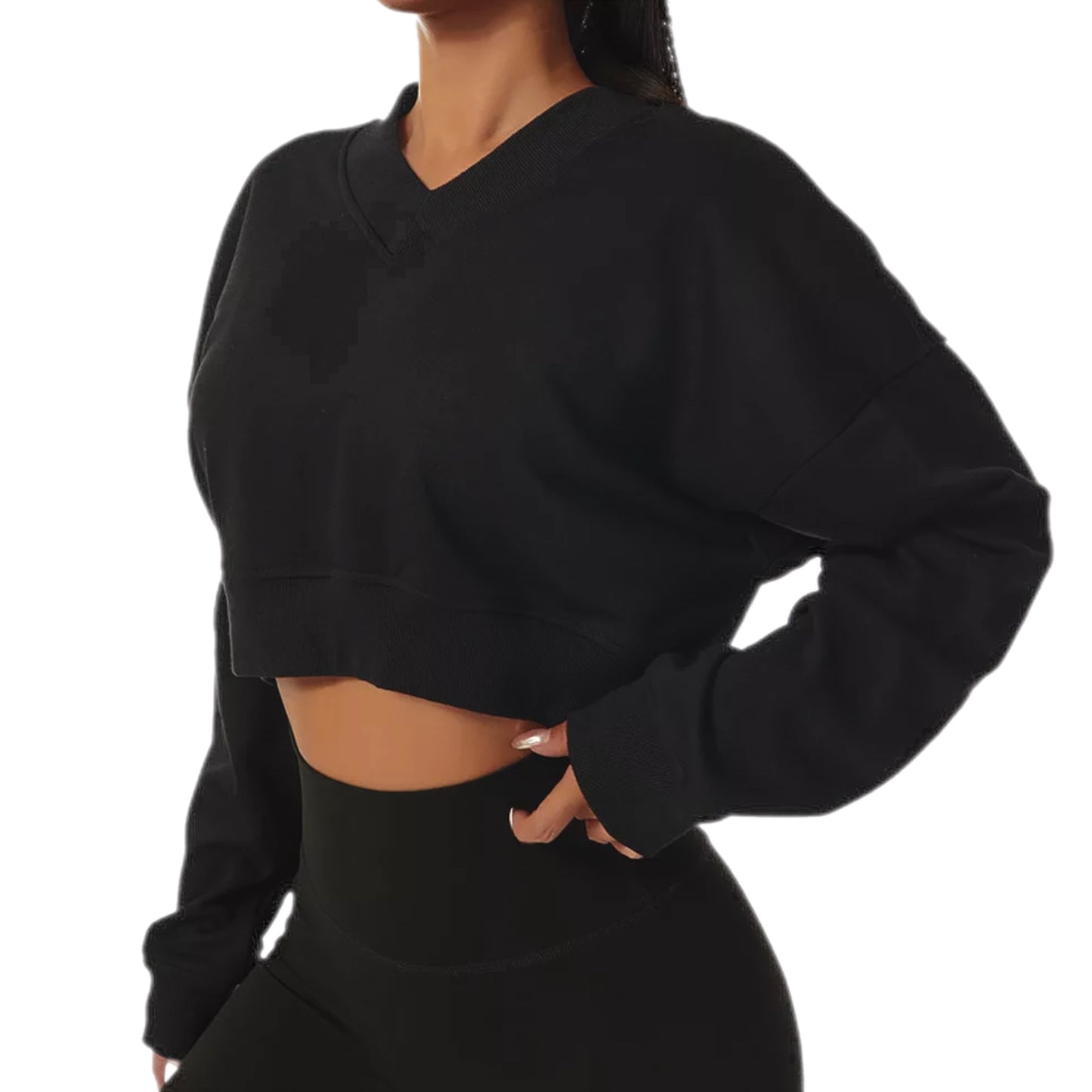 Loose Plain Women V-Neck Cropped Pullover