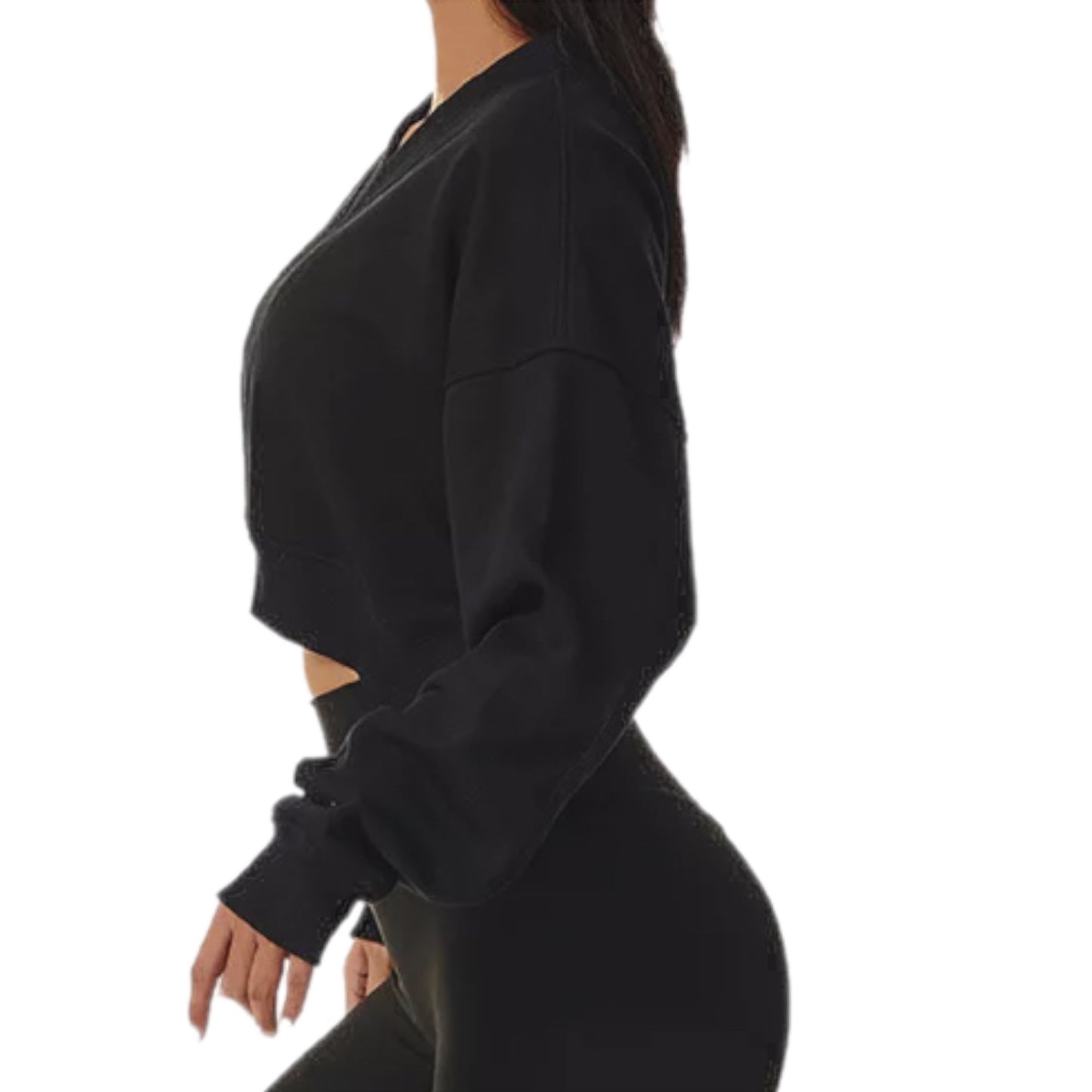 Loose Plain Women V-Neck Cropped Pullover