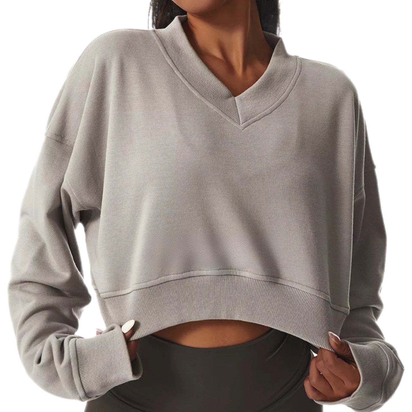 Loose Plain Women V-Neck Cropped Pullover