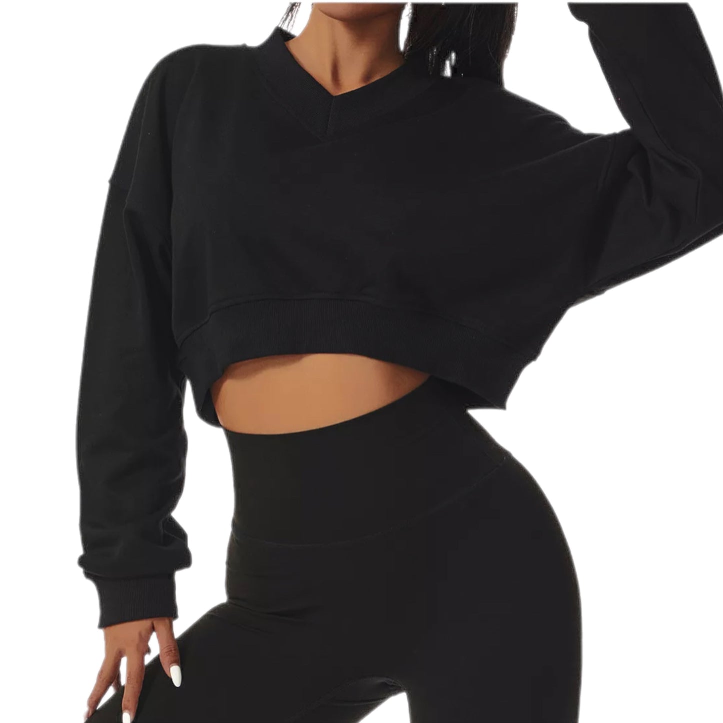 Loose Plain Women V-Neck Cropped Pullover