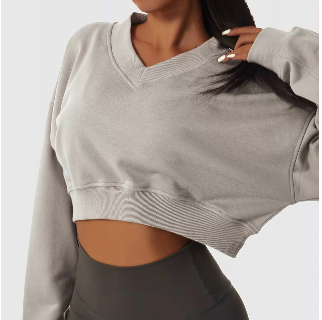 Loose Plain Women V-Neck Cropped Pullover