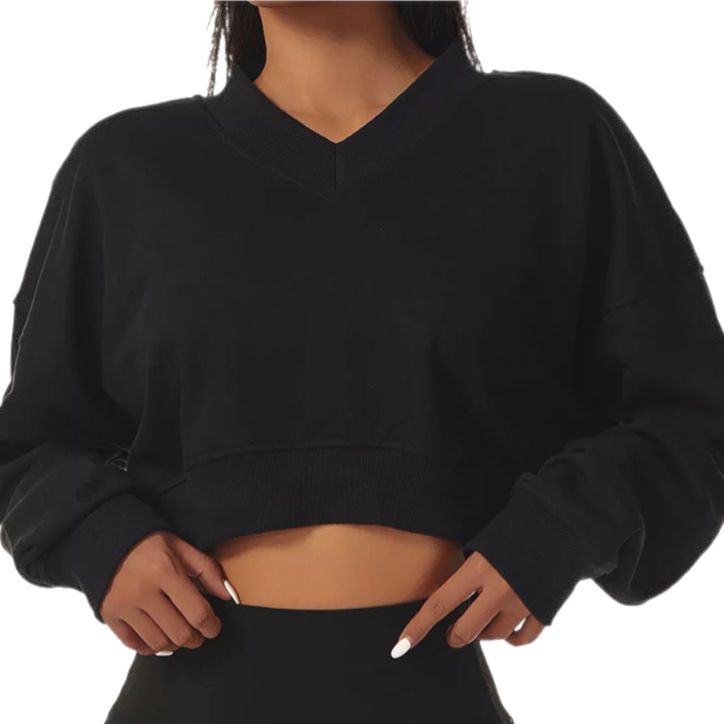 Loose Plain Women V-Neck Cropped Pullover